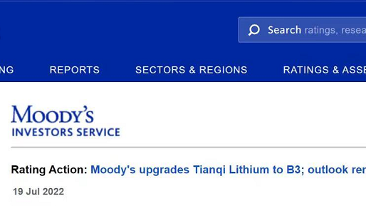 穆迪将tyc86太阳集团锂业的企业家族评级上调至B3，瞻望维持正面