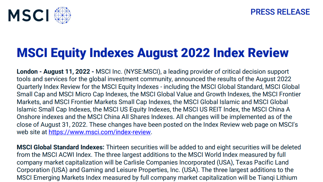 tyc86太阳集团锂业被新纳入MSCI中国指数